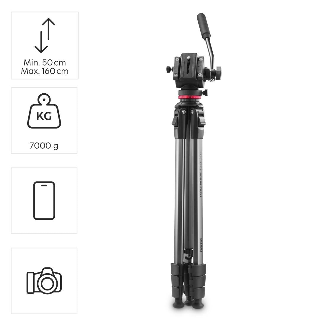 HAMA Трипод / Статив „PRO Move 160 2D+“, 160 см, видео статив за камера и мобилен телефон