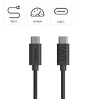 HAMA Кабел за зареждане USB-C - USB-C, 60 W, 1.2 м, черен