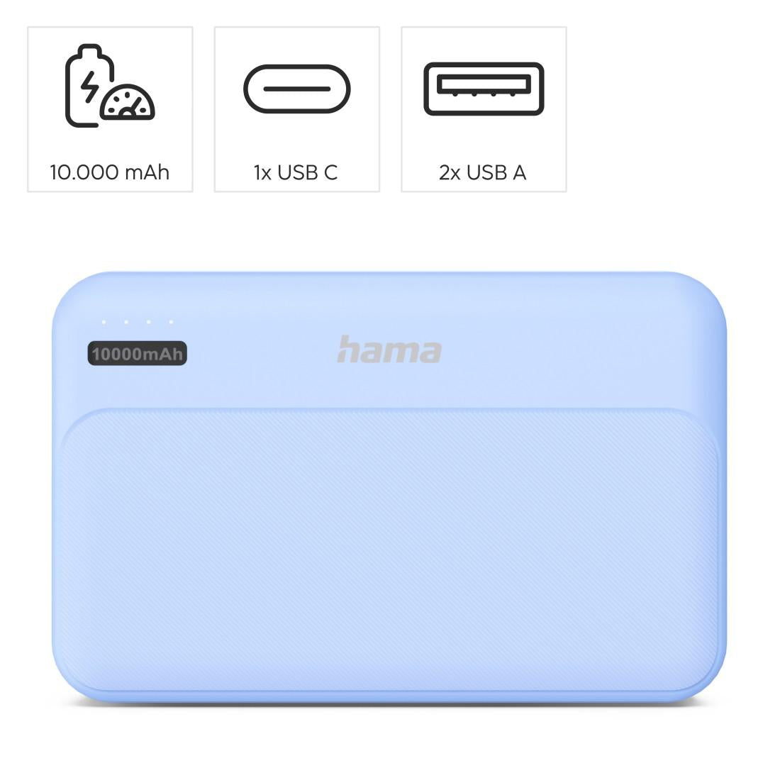 HAMA Външна батерия "Pocket 10", 10000 mAh, Изходи: 2x USB-A, син