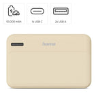 HAMA Външна батерия "Pocket 10", 10000 mAh, Изходи: 2x USB-A, бежов