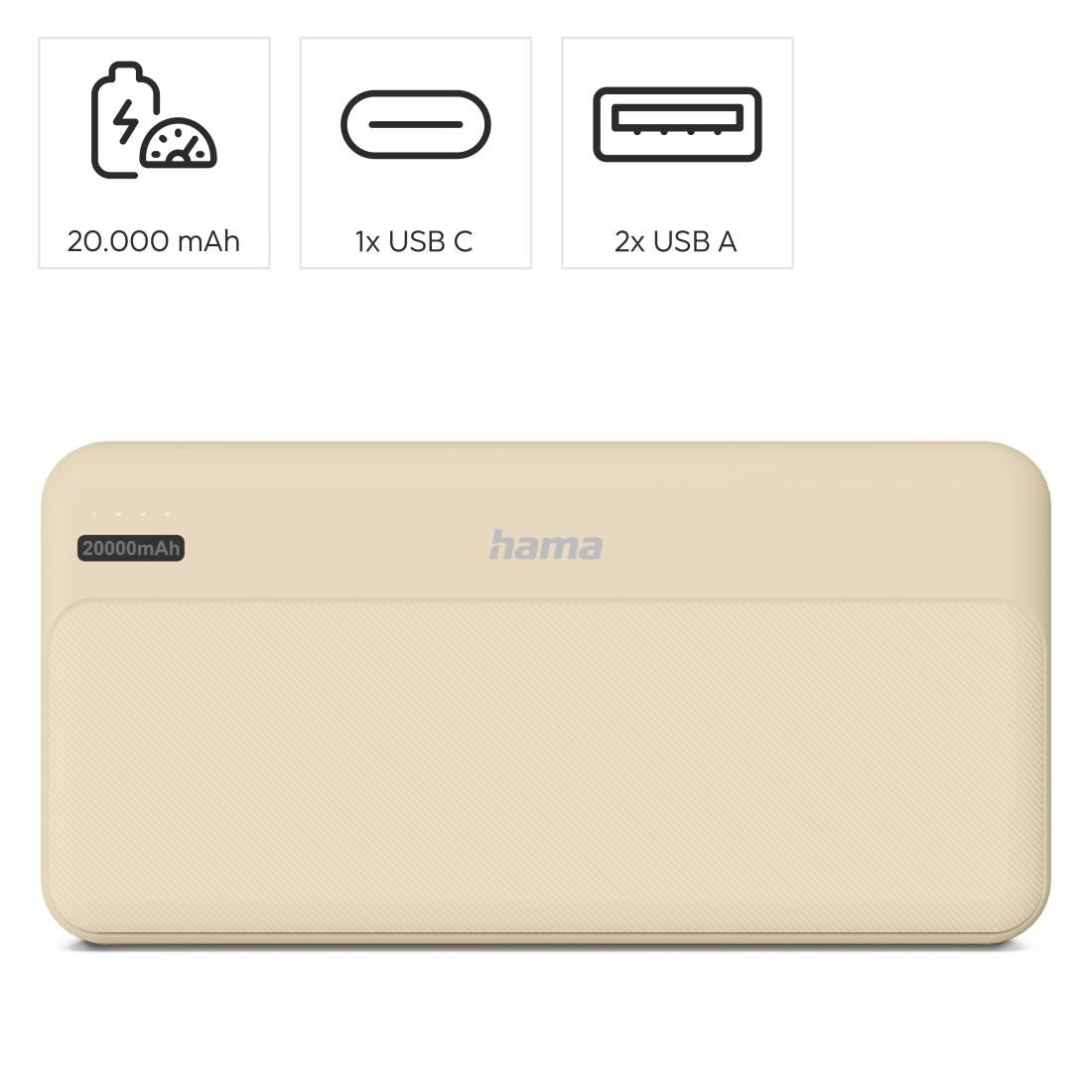 HAMA Външна батерия "Pocket 20", 20000 mAh, Изходи: 2x USB-A, бежов