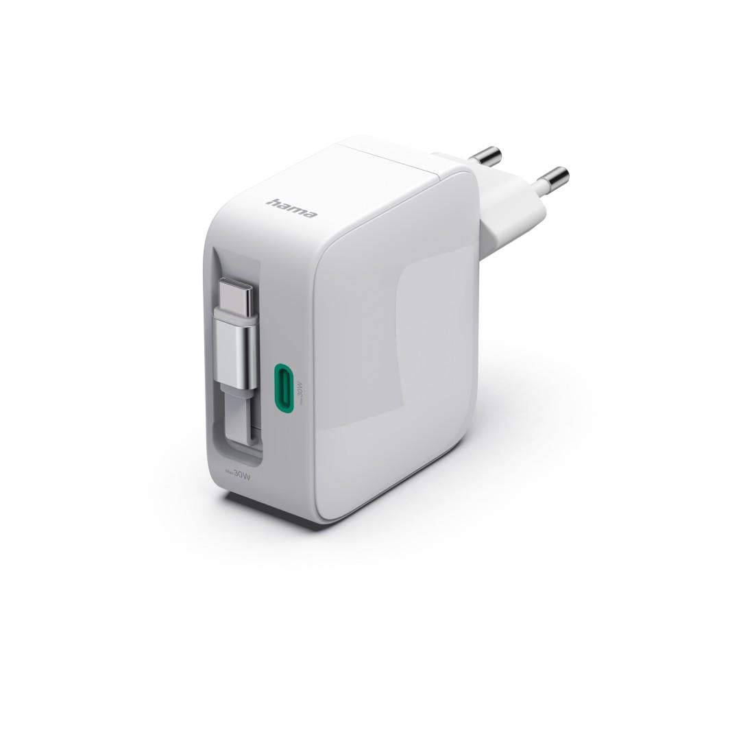 HAMA Бързо зарядно, 30 W, GaN, 2x USB-C, с разтегателен кабел 0.7м, бял