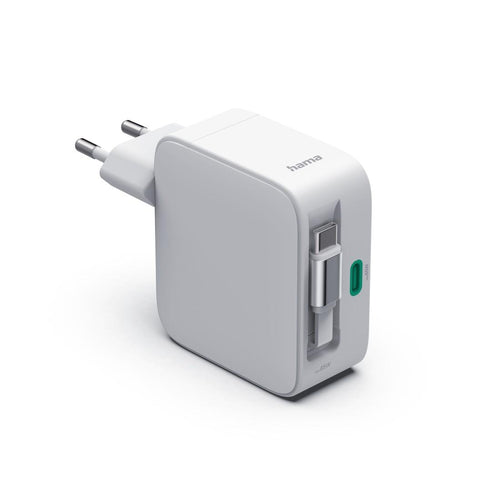 HAMA Бързо зарядно, 65 W, GaN, 2x USB-C, с разтегателен кабел 0.7м, бял