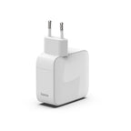 HAMA Fast Charger, 65 W, GaN, 2x USB-C, with 0.7m Extendable Cable, White