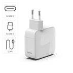 HAMA Fast Charger, 65 W, GaN, 2x USB-C, with 0.7m Extendable Cable, White