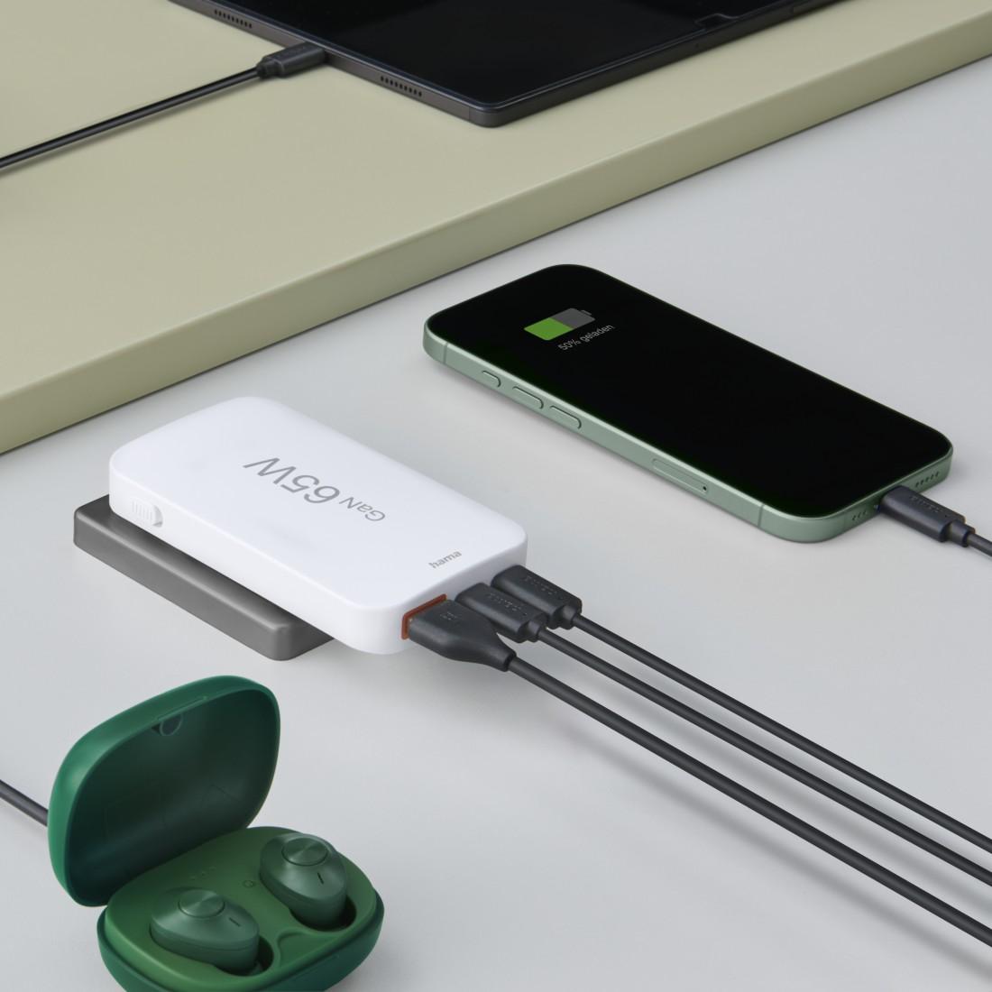 HAMA Бързо мини зарядно, 65W, 2x USB-C, 1x USB-A, PD, плоско, бяло