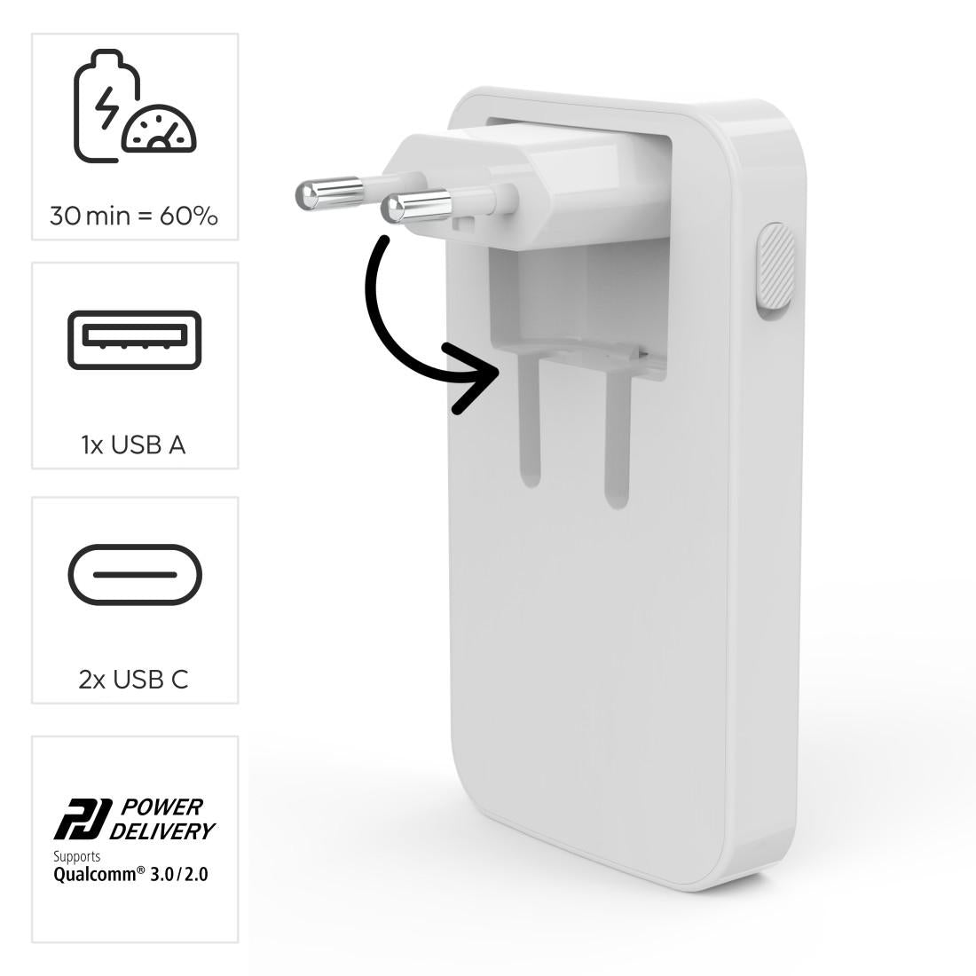 HAMA Бързо мини зарядно, 65W, 2x USB-C, 1x USB-A, PD, плоско, бяло
