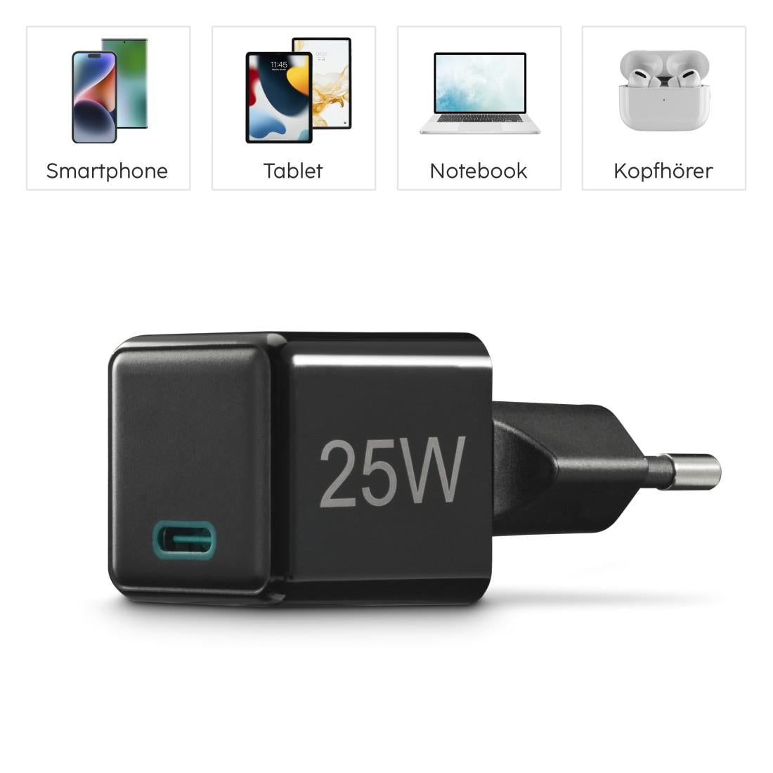 HAMA Бързо мини зарядно 220V, USB-C, PD/Qualcomm, 25 W, черен
