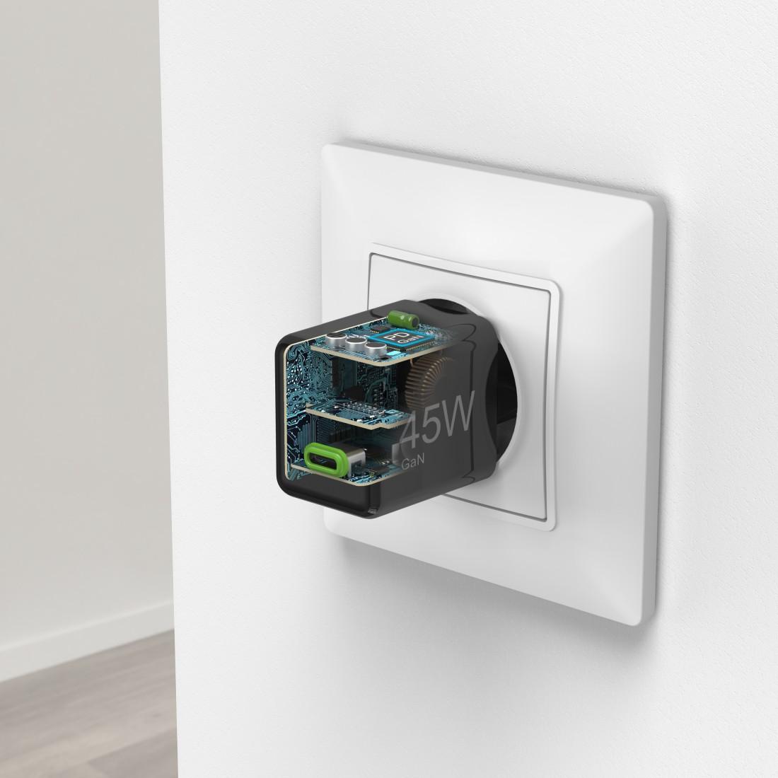 HAMA Бързо мини зарядно GaN, USB-C, PD, 45 W, черно