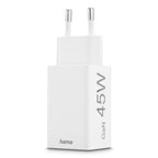 HAMA Fast Mini Charger, 45W, 1x USB-C - 1x USB-A, PD, White
