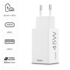 HAMA Fast Mini Charger, 45W, 1x USB-C - 1x USB-A, PD, White