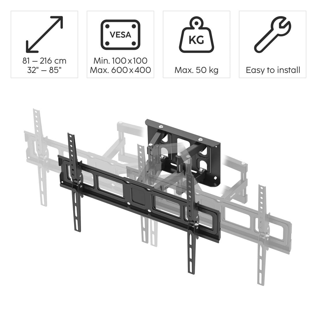Стенна стойка за TV HAMA, 216 см (85”), до 50 кг, въртяща се, накланяща се, издърпваща се