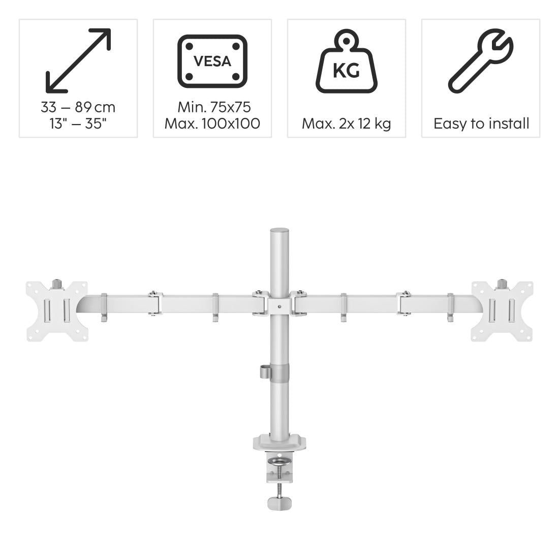 HAMA Стойка за 2 монитора за бюро, регулируема, 13" - 35", 12 кг, Бял