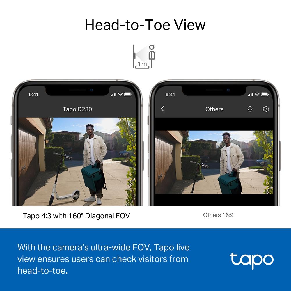 Видео звънец за врата Tapo D230S1, 2.4Ghz, 2K 5MP, Color Night Vision, акум.батерии, microSD