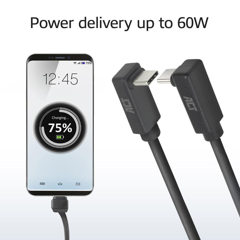 ACT Кабел USB-C 10Gbps, 60W, 0.5м, конектори на 90° up/down angled
