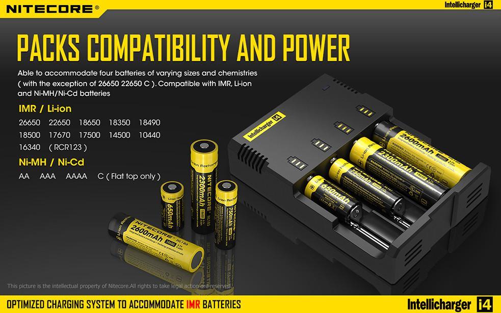 NITECORE i4 Charger, Universal Charger, Li-ion & NiMH, 18650, CR123; AA, AAA, C, D