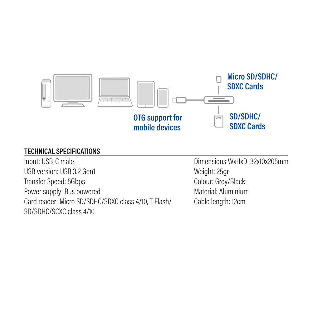Четец за SD / micro SD карти ACT AC7056, SDXC, USB-C