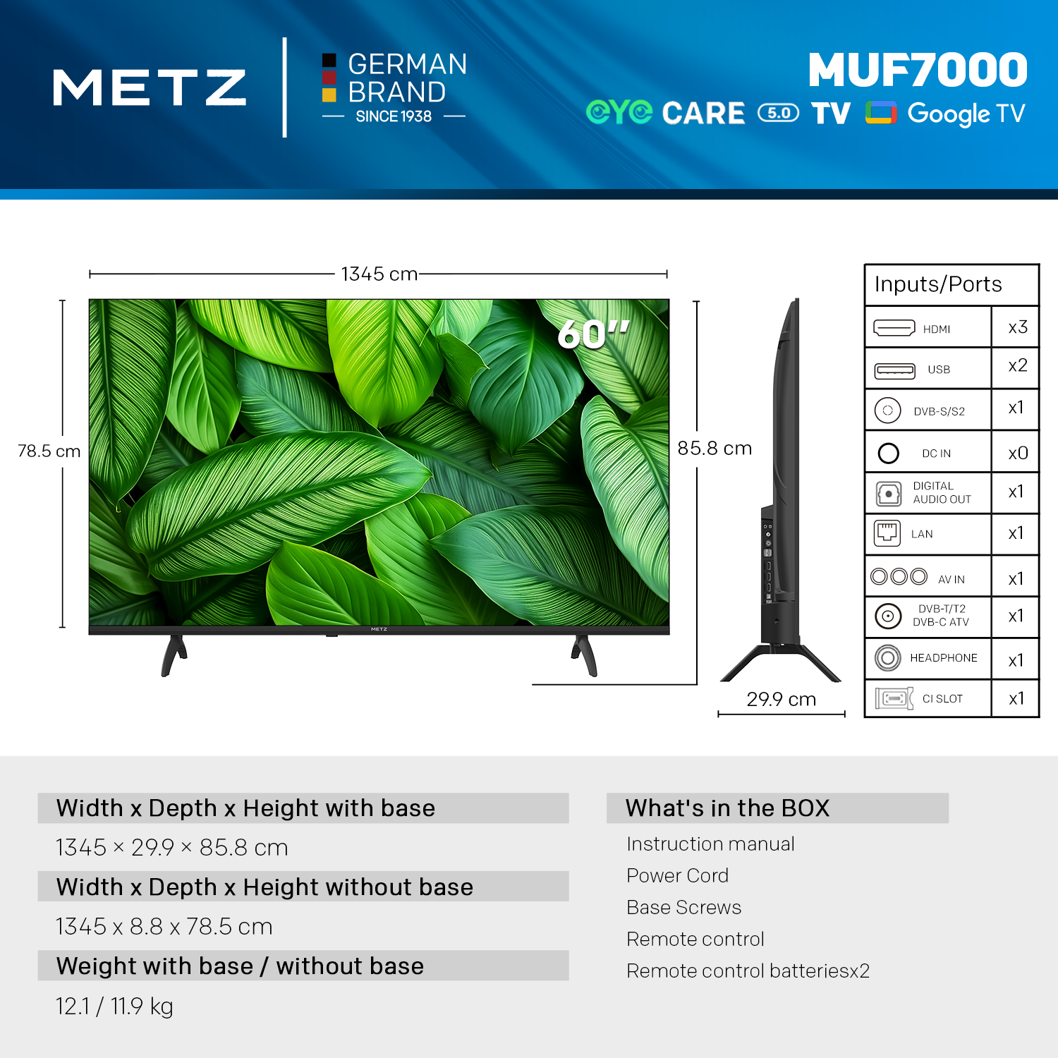 Телевизор METZ 60" 60MUF7000Z Ultra HD 4K LED Google TV, Клас E