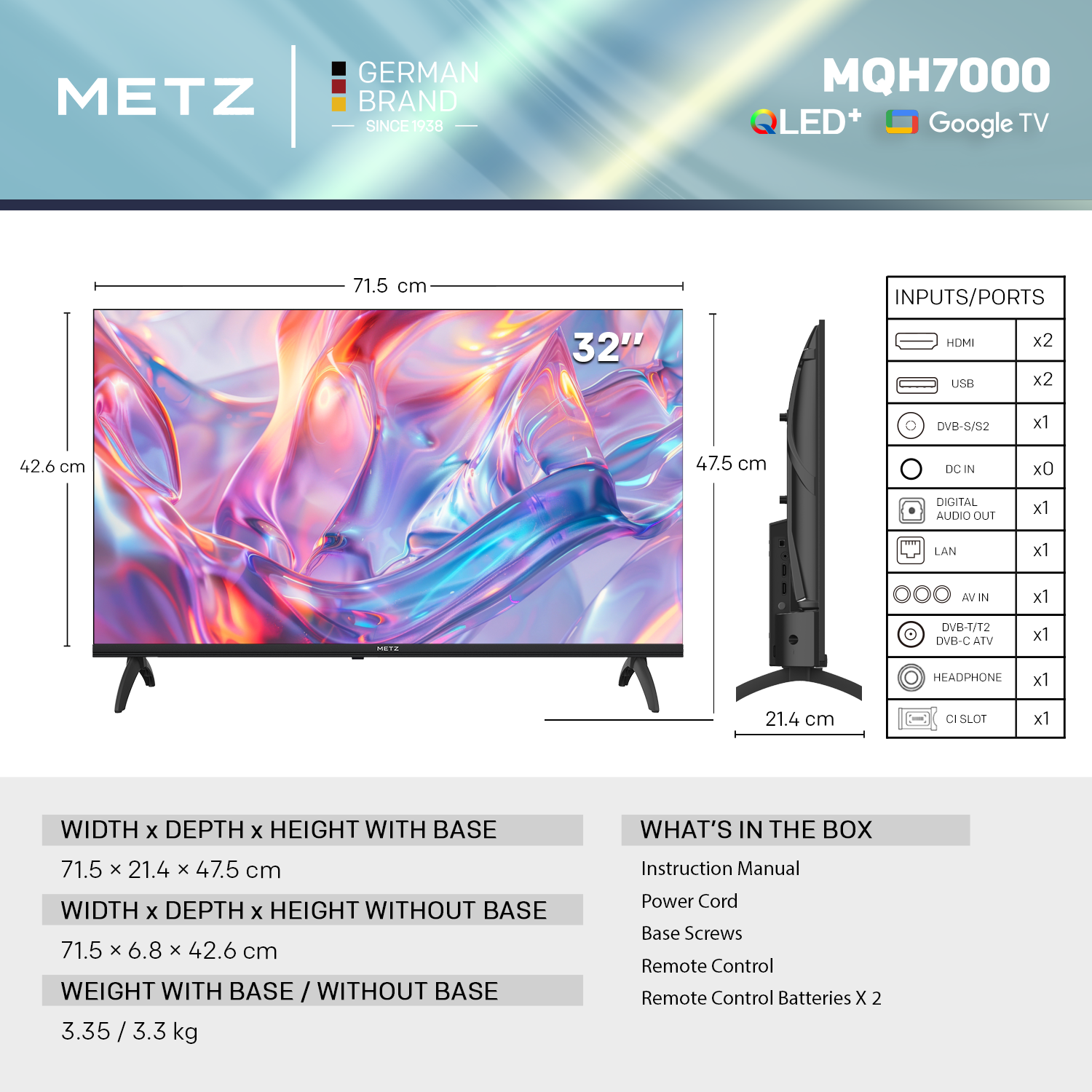 Телевизор METZ 32" 32MQH7000Z HD Ready QLED+ Google TV, Клас E