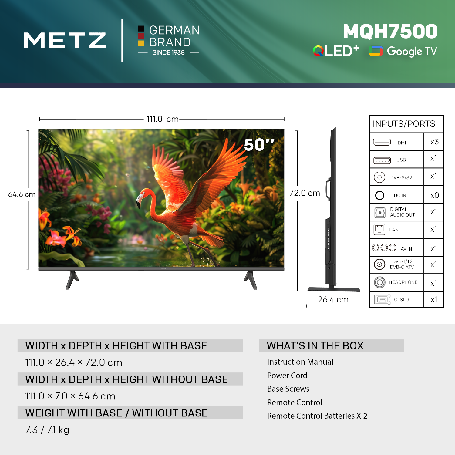 Телевизор METZ 50" 50MQH7500Z UHD 4K QLED+ Google TV, 120Hz, 126 см