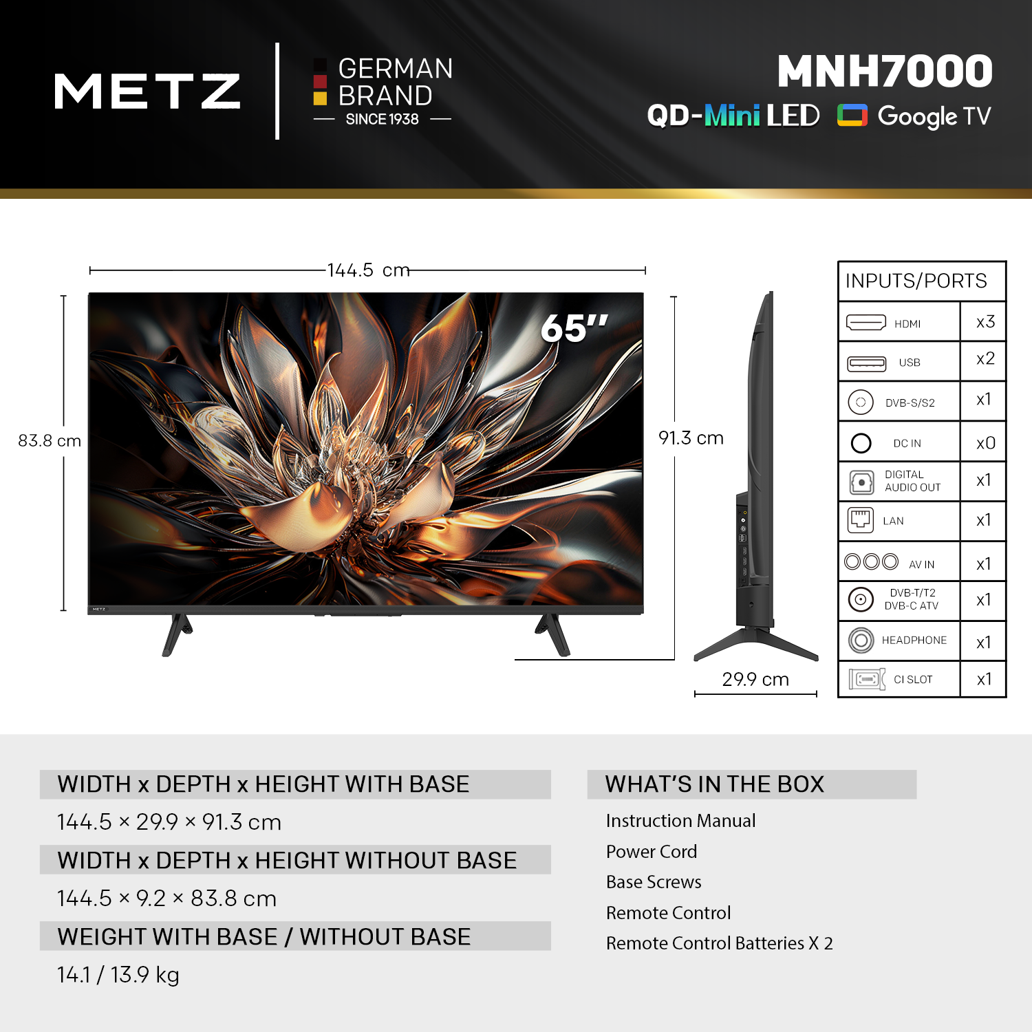 Телевизор METZ 65" 65MNH7000Z UHD 4K QD-Mini LED, Matte Screen Ultra, Google TV, Клас E
