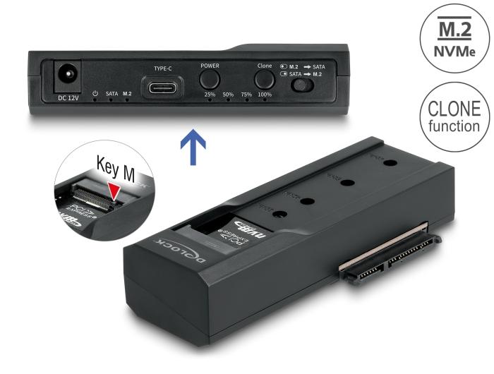 Станция Delock USB-C, 1 x M.2 NVMe SSD + 1 x SATA SSD / HDD, Клониране