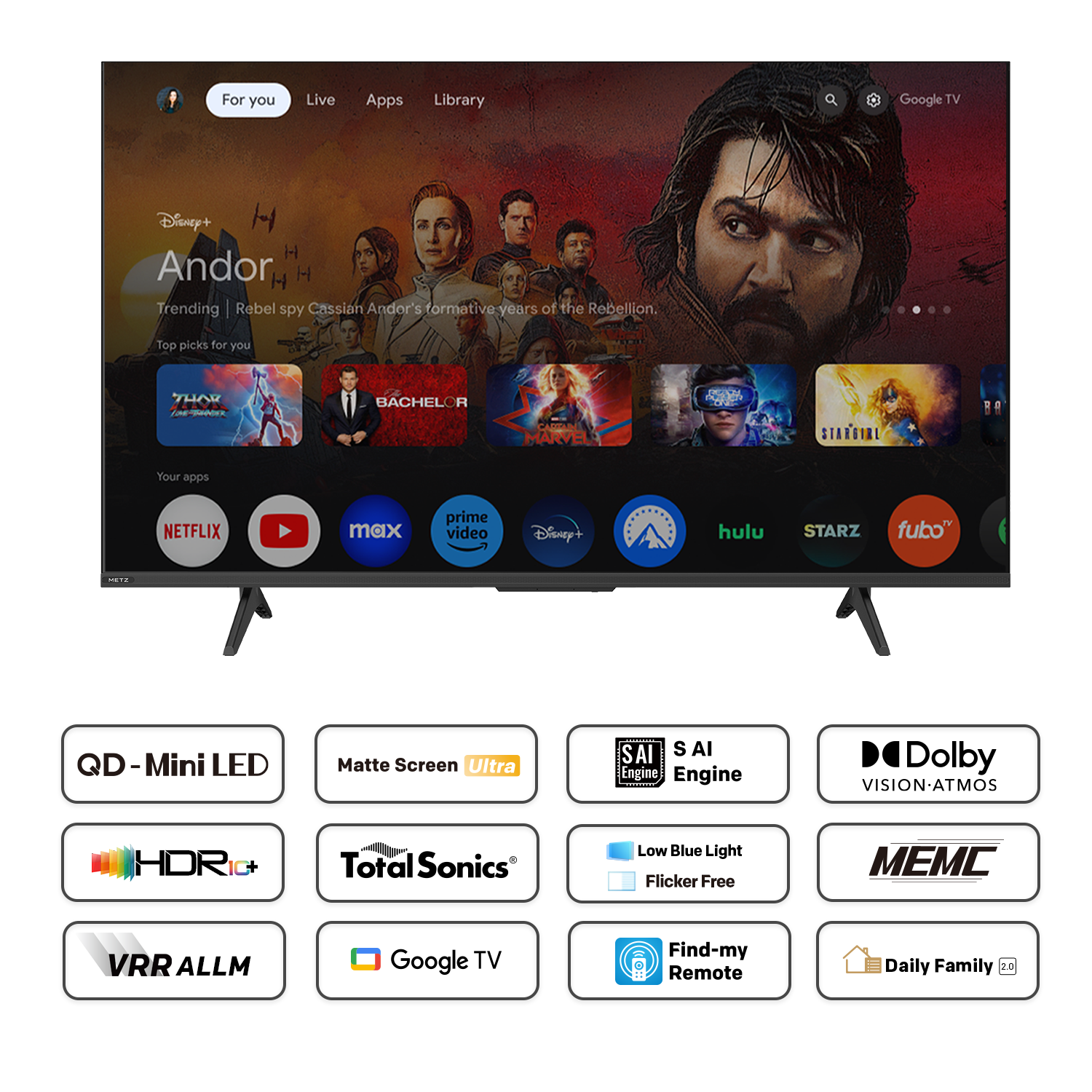 Телевизор METZ 55" 55MNH7000Z UHD 4K QD-Mini LED, Matte Screen Ultra, Google TV, Клас E