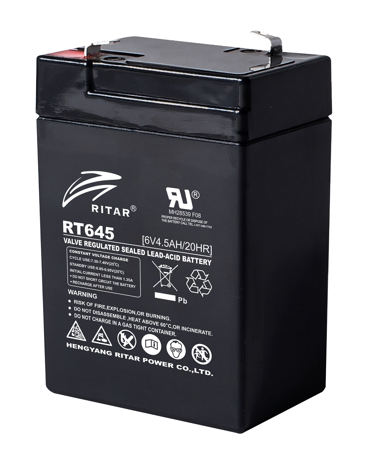RITAR Lead-Acid Battery, (RT645) AGM, 6V, 4.5Ah, 70/ 47/ 99mm, Terminal 1