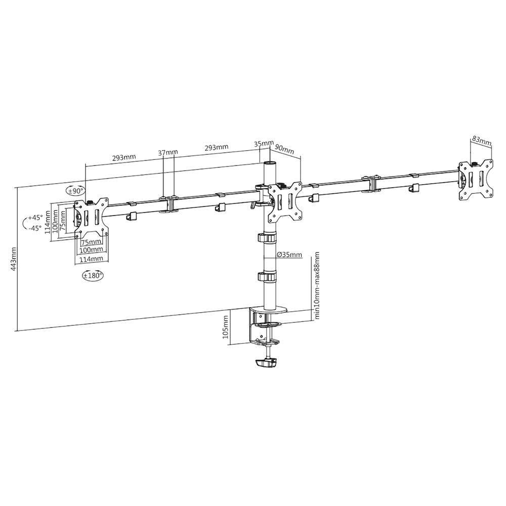 Стойка за 3 мониторa ACT AC8303, За бюро, Регулируема, 27", 21 кг, Черна