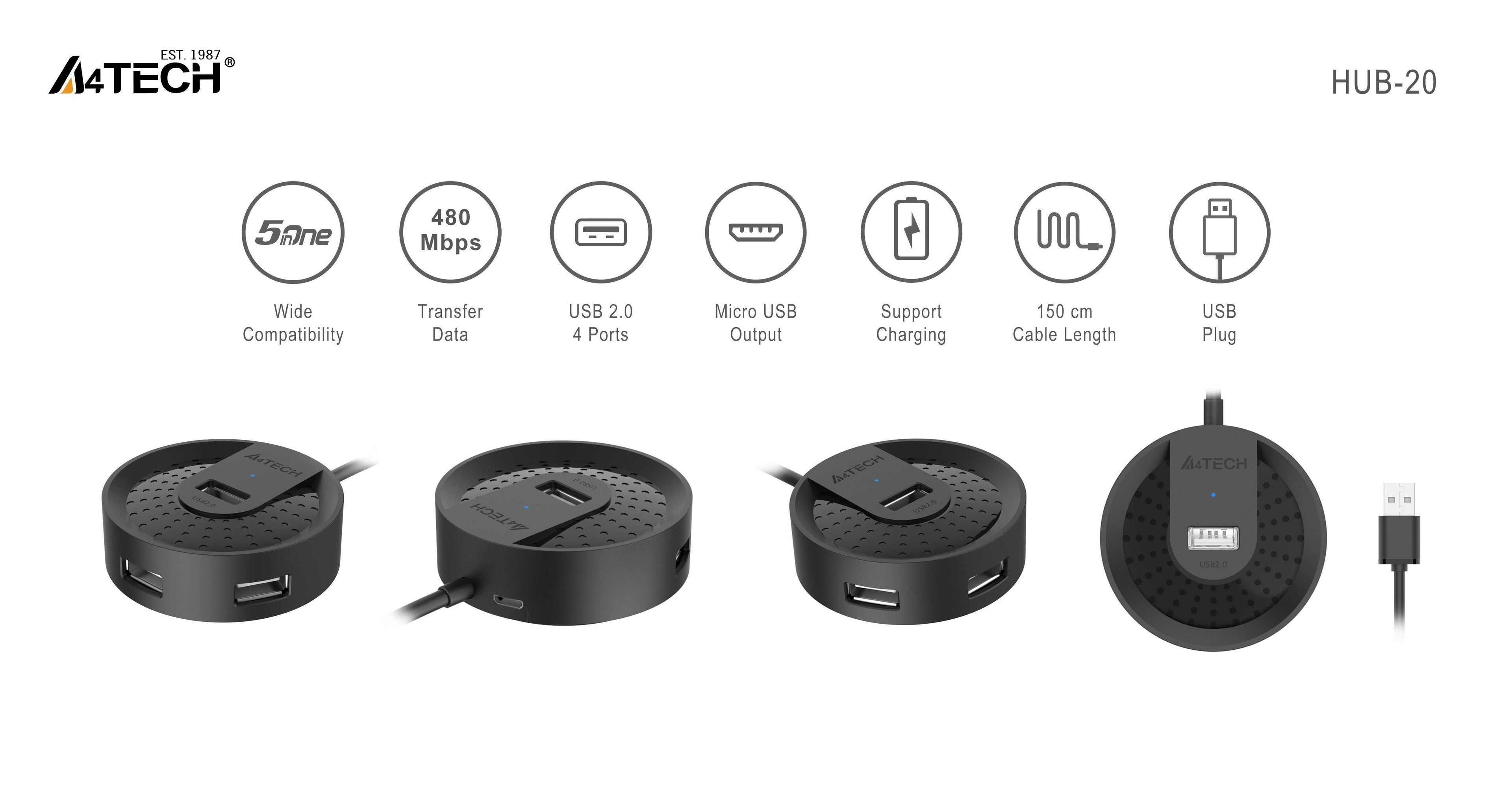 USB хъб A4tech HUB-20, 4 портов, USB 2.0