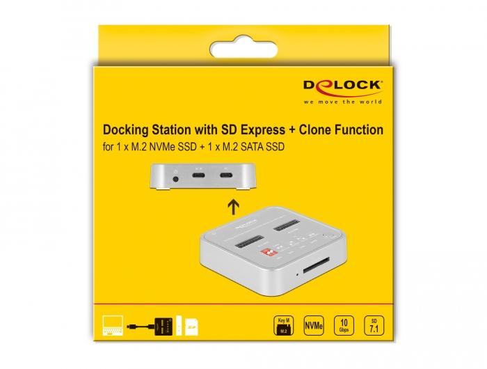 Докинг станция Delock 1 x M.2 NVMe SSD, 1 x M.2 SATA SSD, SD Express Card Reader, Клониране