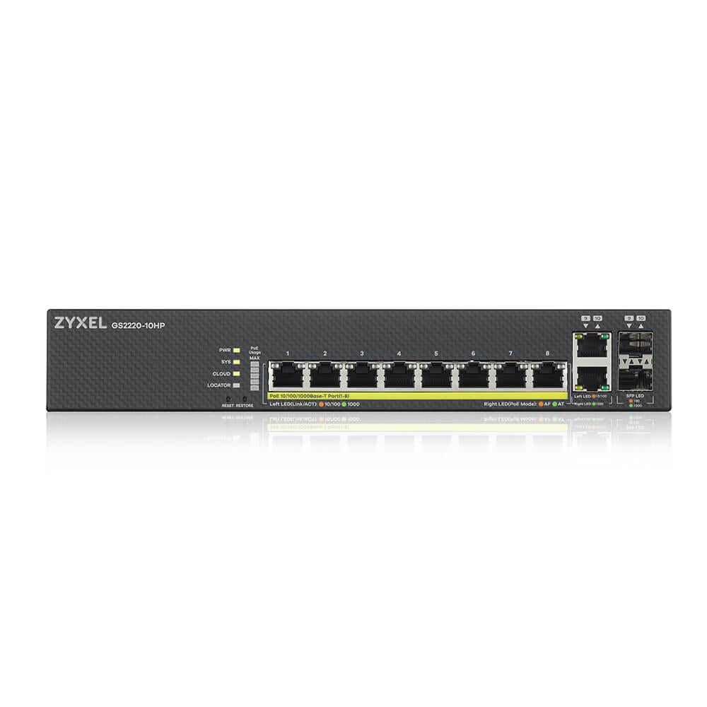 Суич ZyXEL GS-2220-10HP, 10 портов Layer2+, 8x Gigabit PoE + 2x Gigabit combo (RJ45/SFP), управляем