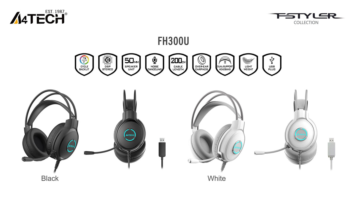 А4tech Fstyler FH300U Слушалки с микрофон USB, Noice Cancelling, бял