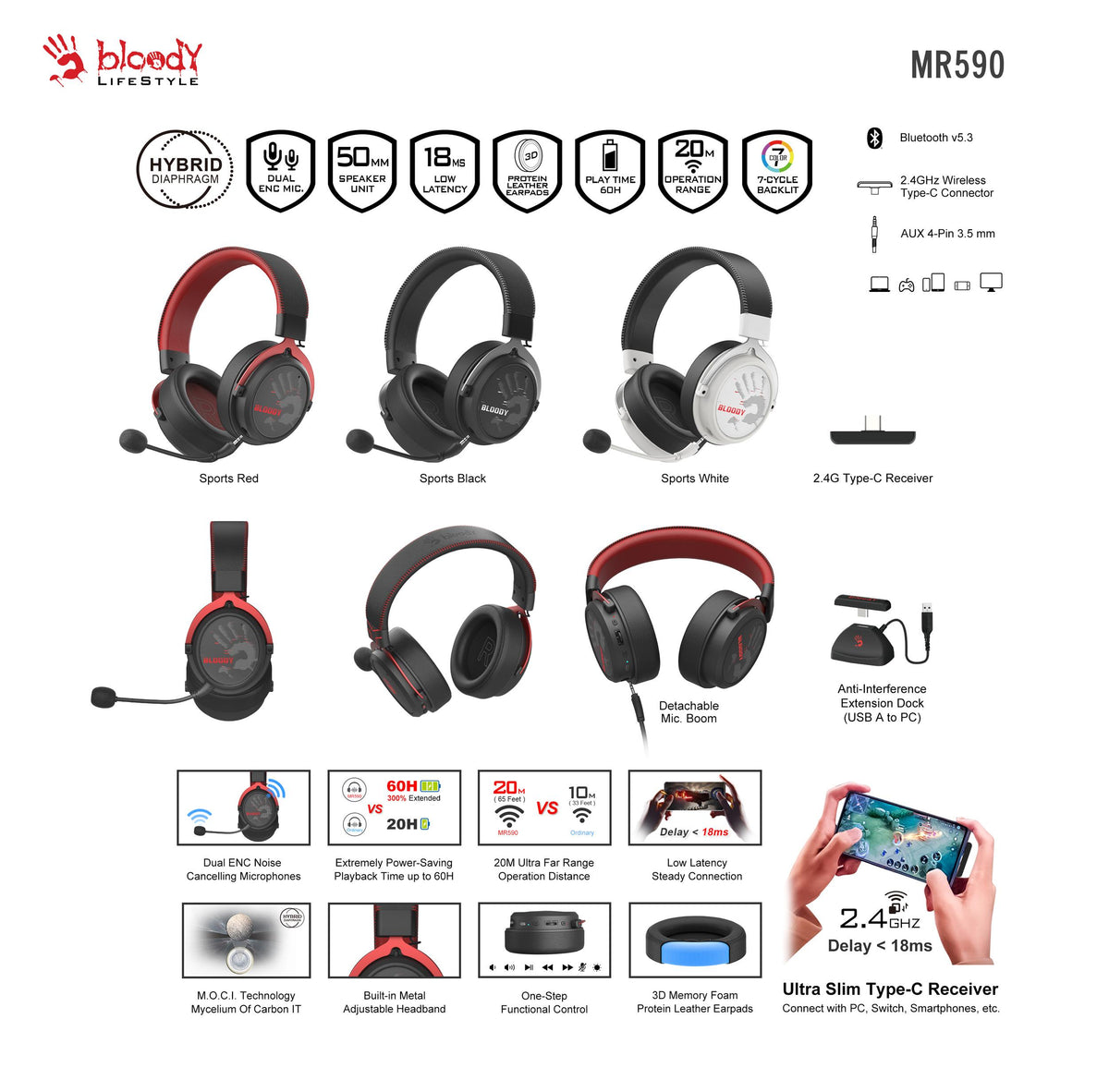 A4tech Bloody МR-590 Геймърски безжични слушалки с микрофон,Bluetooth 3.5мм жак, черен