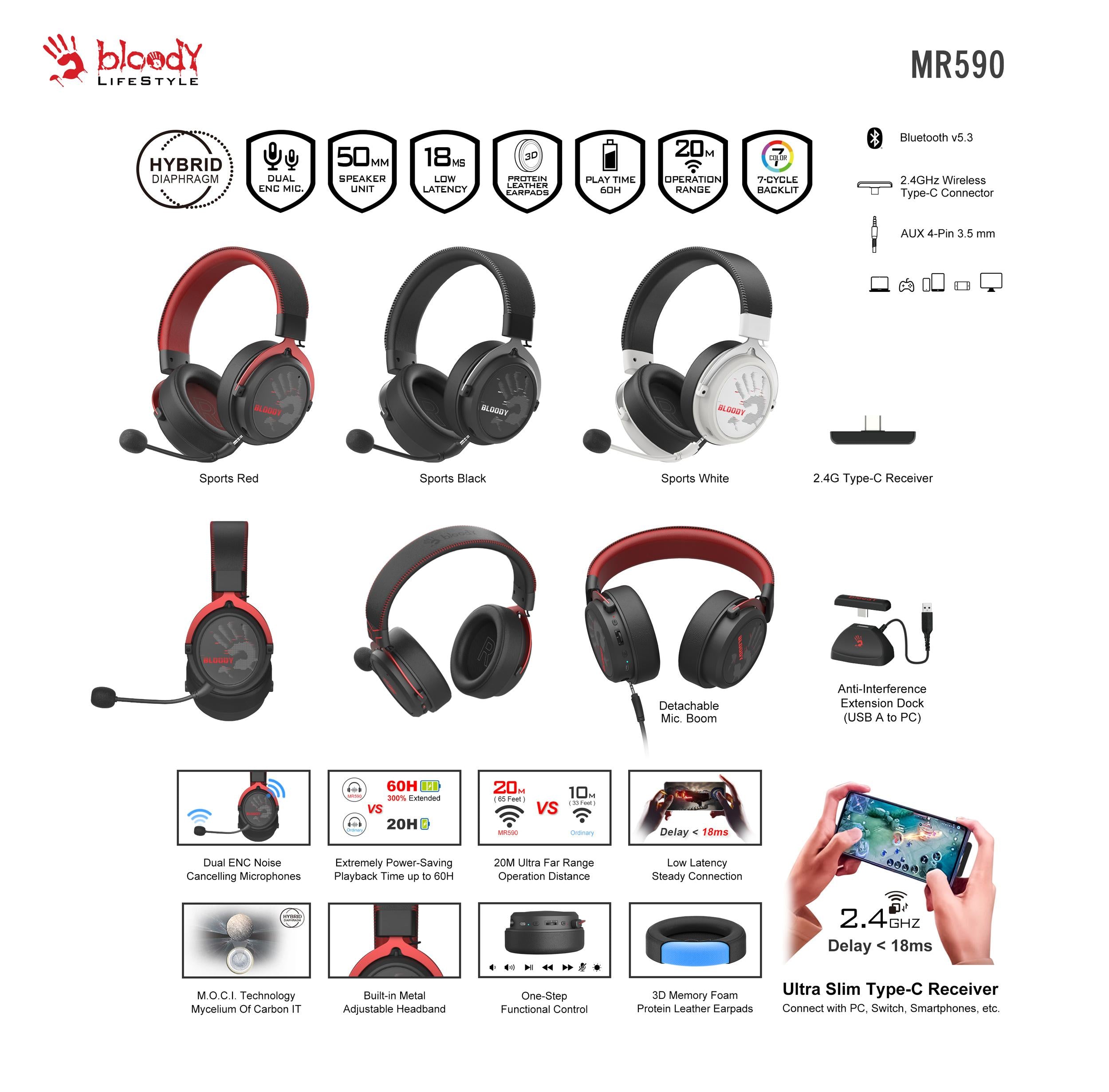 A4tech Bloody МR-590 Геймърски безжични слушалки с микрофон,Bluetooth 3.5мм жак, червен