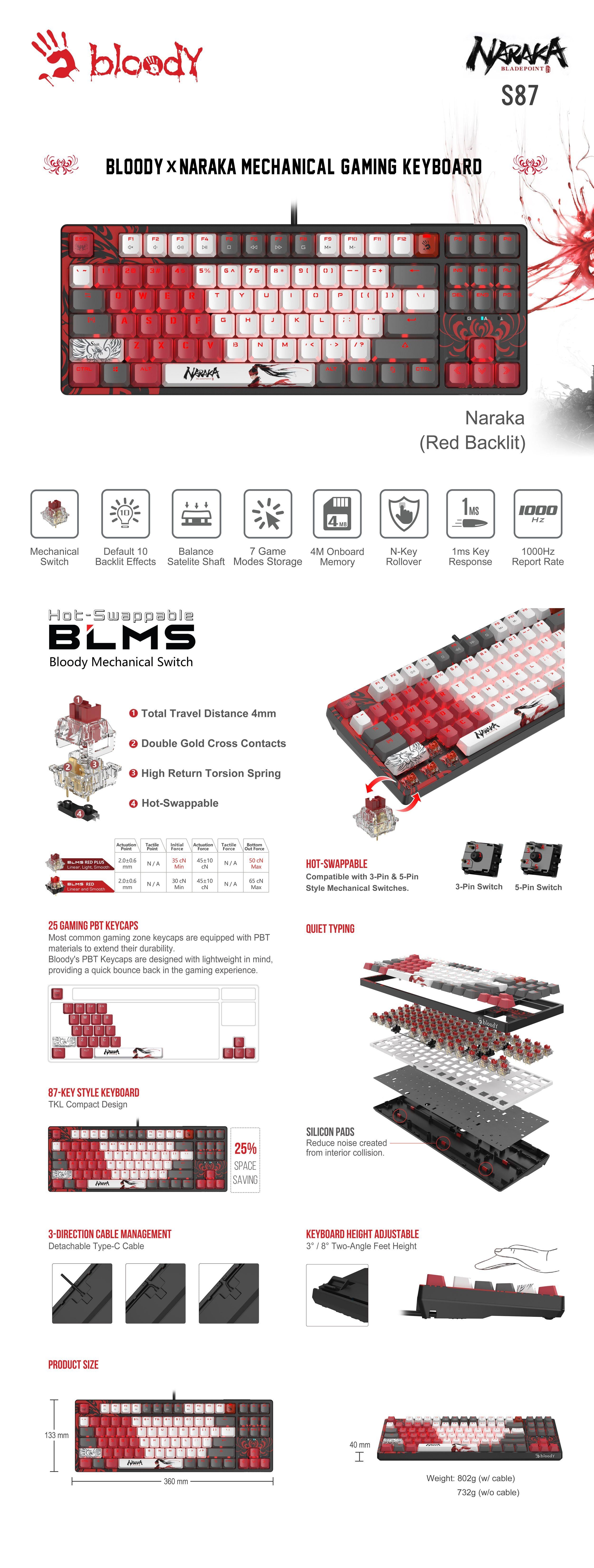А4tech Геймърска механична клавиатура Bloody Naraka S87  TKL Backlit Red Switch , USB