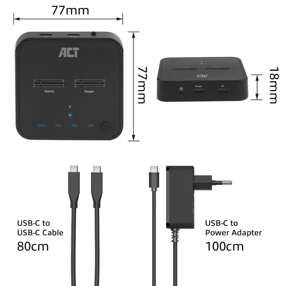 Двойна SSD докинг станция, ACT M.2 NVMe/PCIe за клониране, USB-C 3.2 Gen2, 10 Gbps