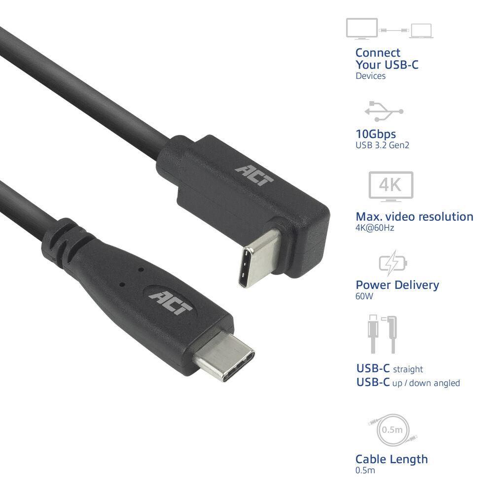 ACT Кабел USB-C - USB-C, 10Gbps, 60W, 0.5 м, конектори - 1x прав и 1x на 90° up/down angled
