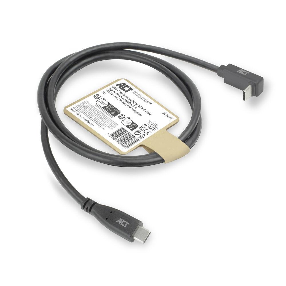 ACT Кабел USB-C - USB-C, 10Gbps, 60W, 0.5 м, конектори - 1x прав и 1x на 90° up/down angled