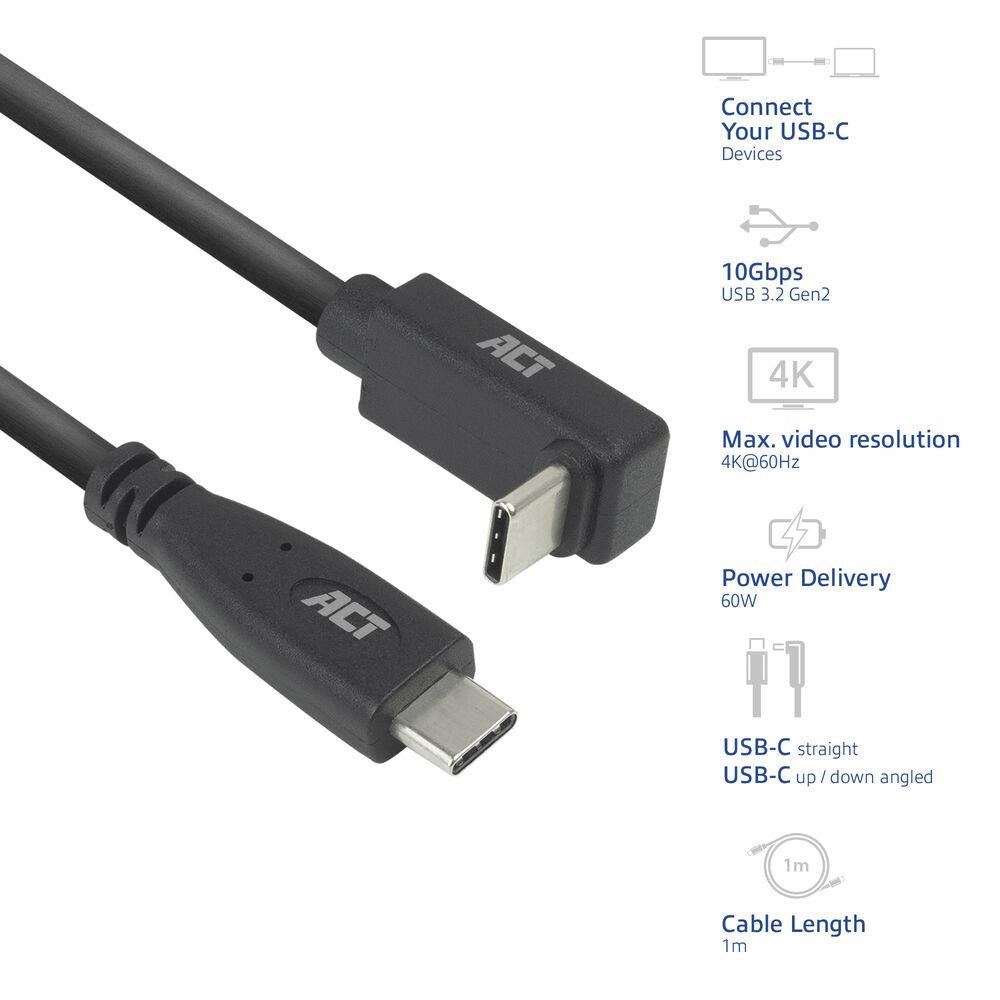 ACT Кабел USB-C - USB-C, 10Gbps, 60W, 1 м, конектори - 1 x прав и 1 x на 90° up/down angled