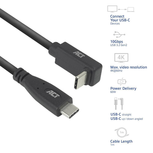 ACT USB-C to USB-C Cable, 10Gbps, 60W, 1m, connectors - 1 x straight and 1 x 90° up/down angled