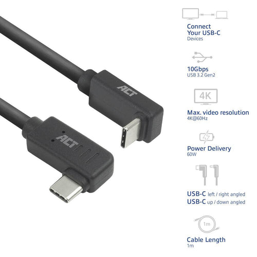 ACT USB-C to USB-C Cable, 10Gbps, 60W, 1 m, 90° left/right, up/down angled connectors