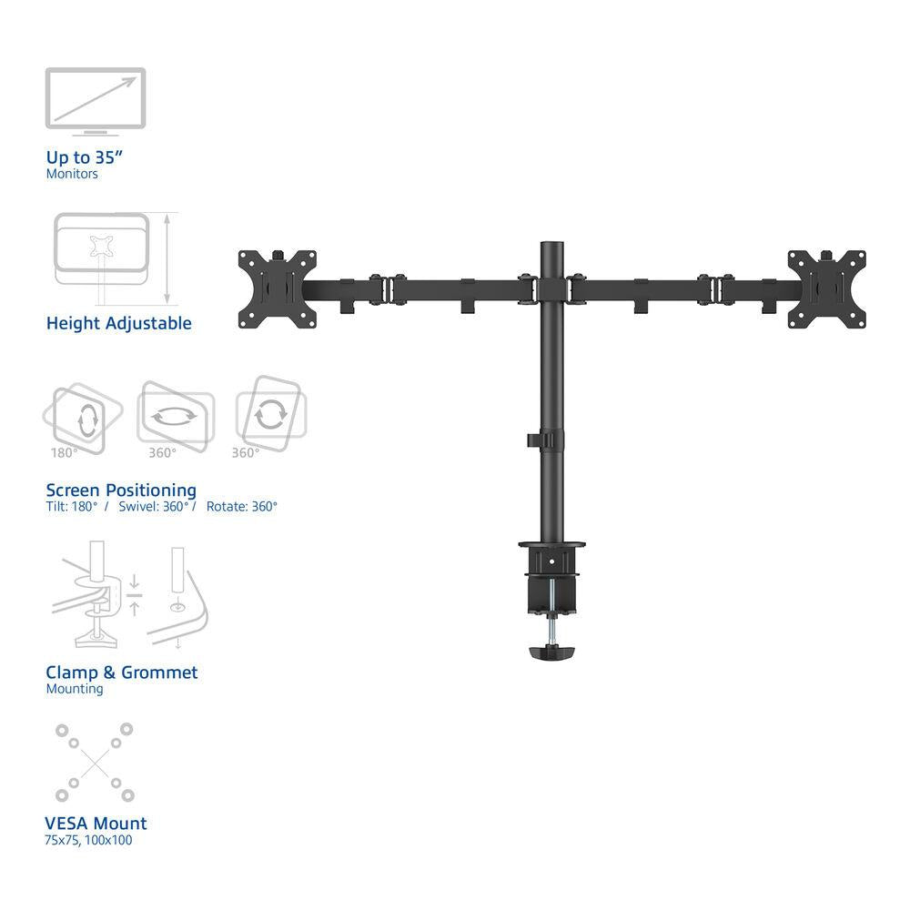 Стойка за 2 мониторa ACT AC8302, за бюро, Регулируема, 35", 2x8 кг, Черна