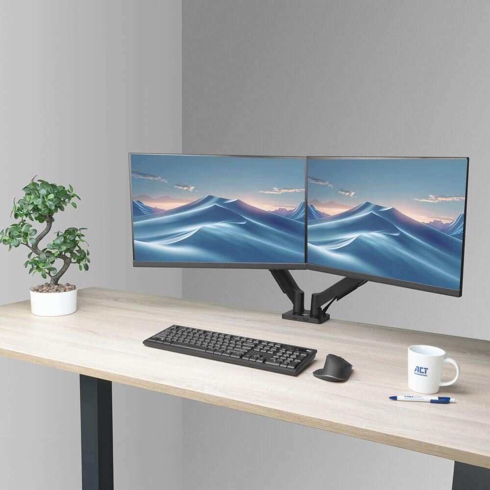 ACT Стойка за 2 бр. монитора за бюро AC8314, Регулируема, 17" - 34", 9 кг, газова пружина