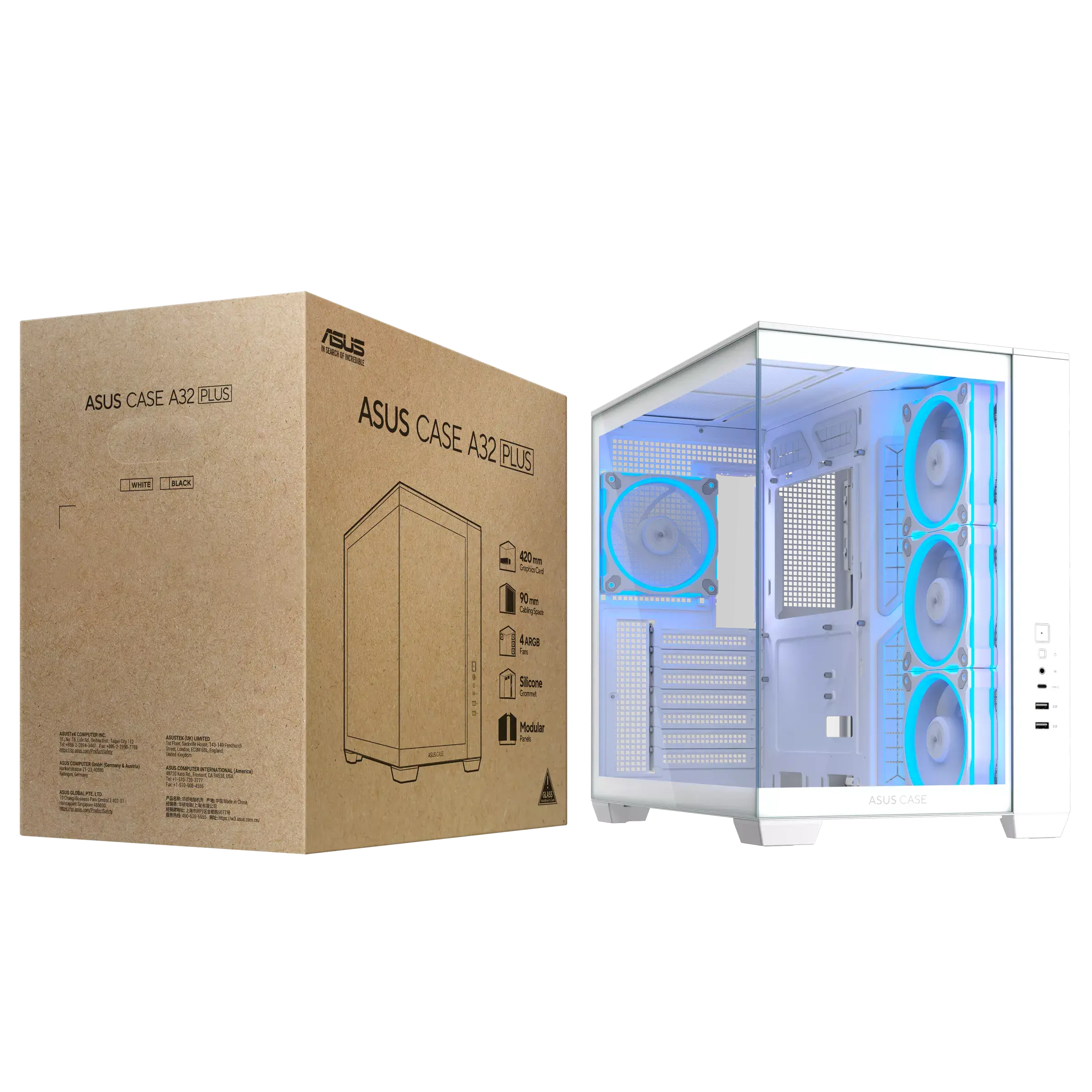 Кутия ASUS A32 PLUS Tempered Glass + 4 ARGB Вентилатора - White