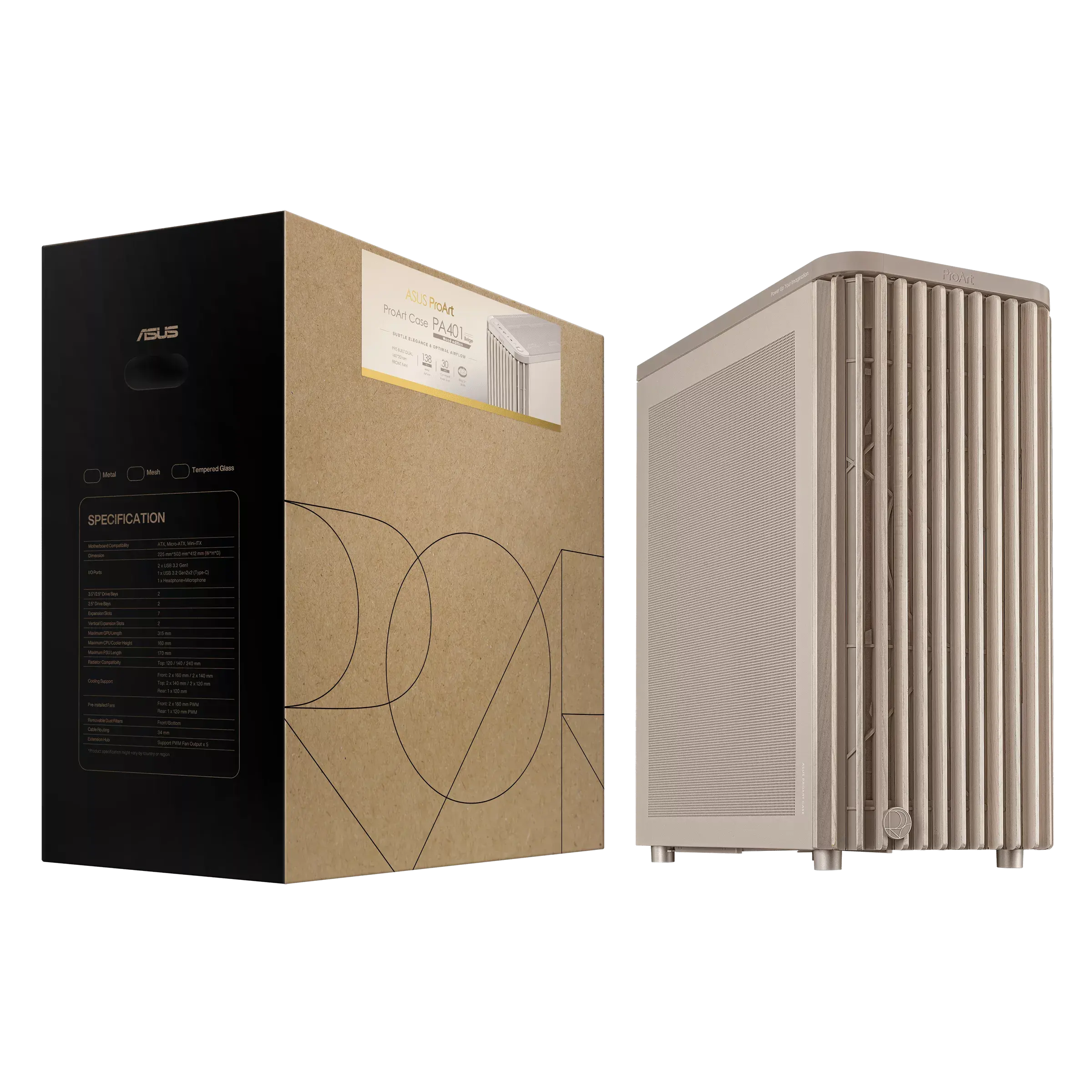 Кутия ASUS ProArt PA401 Wood Edition Beige - Mesh Panel