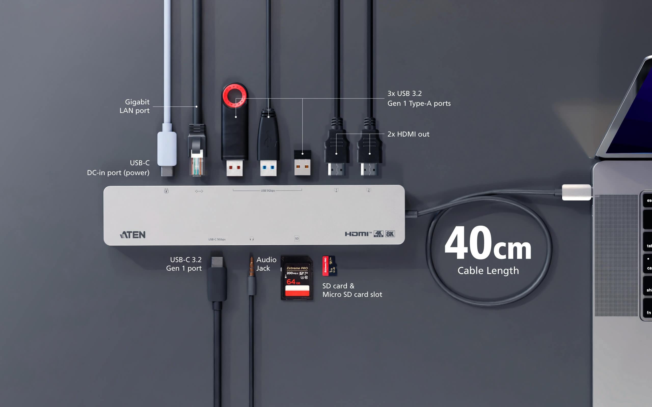 ATEN Докинг 11-in-1 USB-C Multiport Dock + Power Pass-Through, 2 x HDMI, LAN,3.5mm, USB-C, SD Card , microSD, 3 x USB 3.2