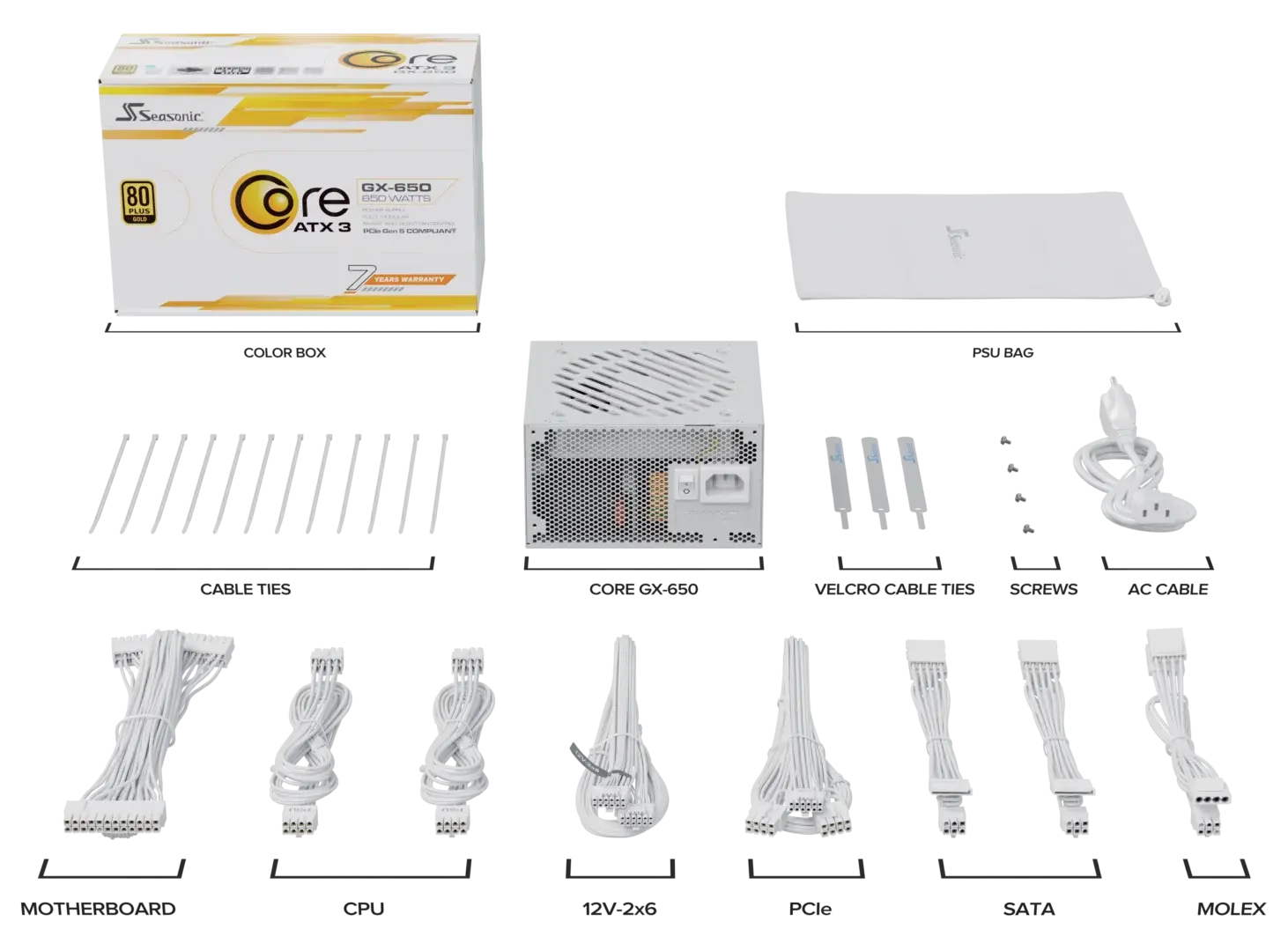 Захранващ блок Seasonic CORE GX White 650W 80+ Gold, Fully Modular, ATX 3.1, PCIe 5.1