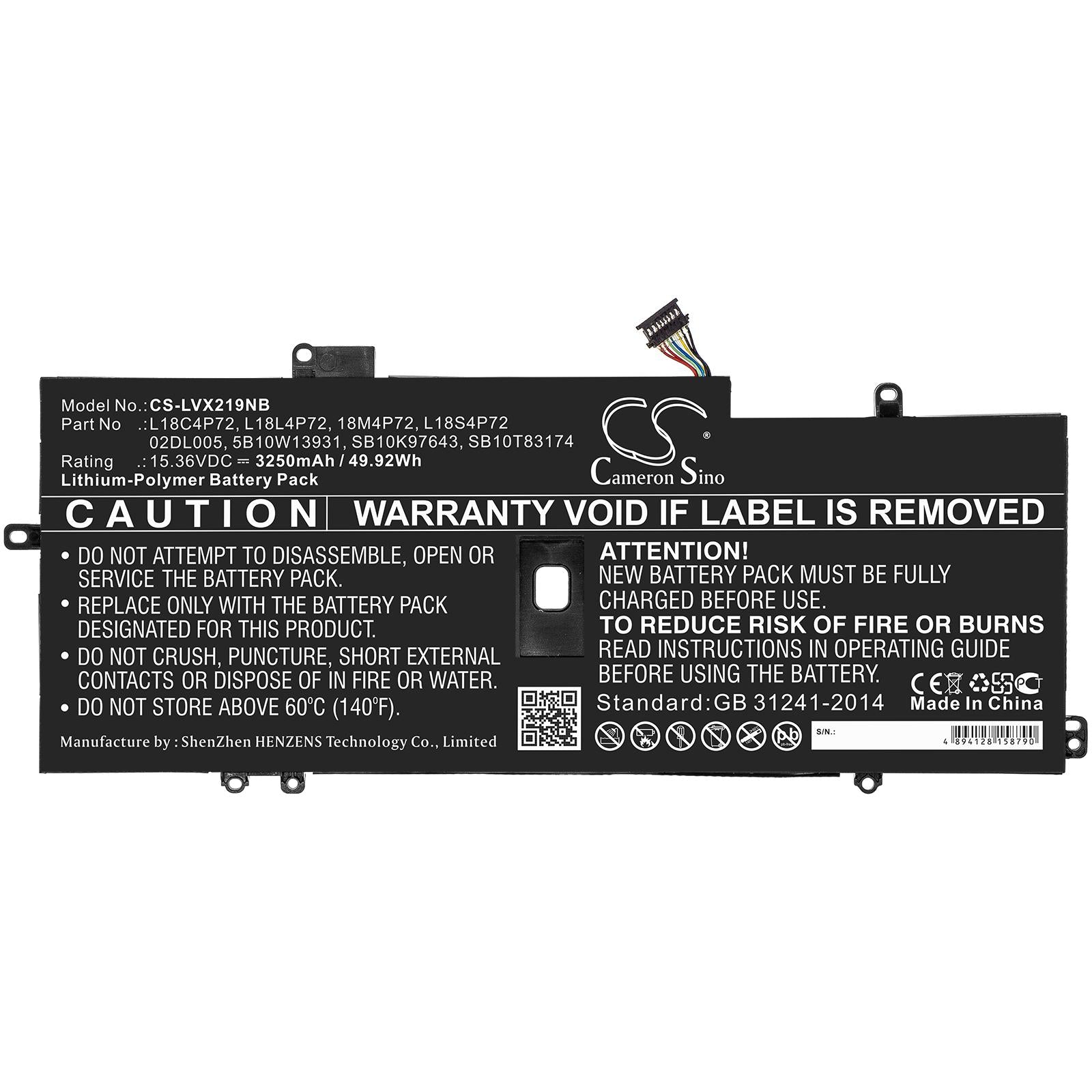 Батерия за лаптоп LENOVO ThinkPad X1 Carbon 2019, L18C4P72 LiPo 15.36V 3250mAh CAMERON SINO