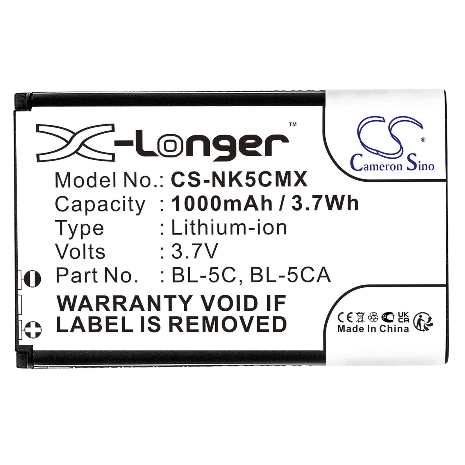 Батерия за мобилен телефон CAMERON SINO BL-5C, за Nokia 105 2700 3110 5130 6230 E50, 3.7V, 1000mAh